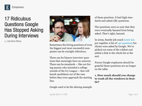 An article about some questions that Google makes to its potential candidates during job interview